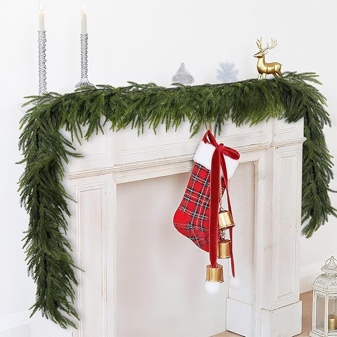 9 FT Christmas Norfolk Pine Garlands, Artificial Real Touch Winter Pine Garland, Green Realistic Greenery Garland for Holiday, Window, Fireplace, Mantle, Indoor Outdoor, Christmas Decor (1 Pcs)