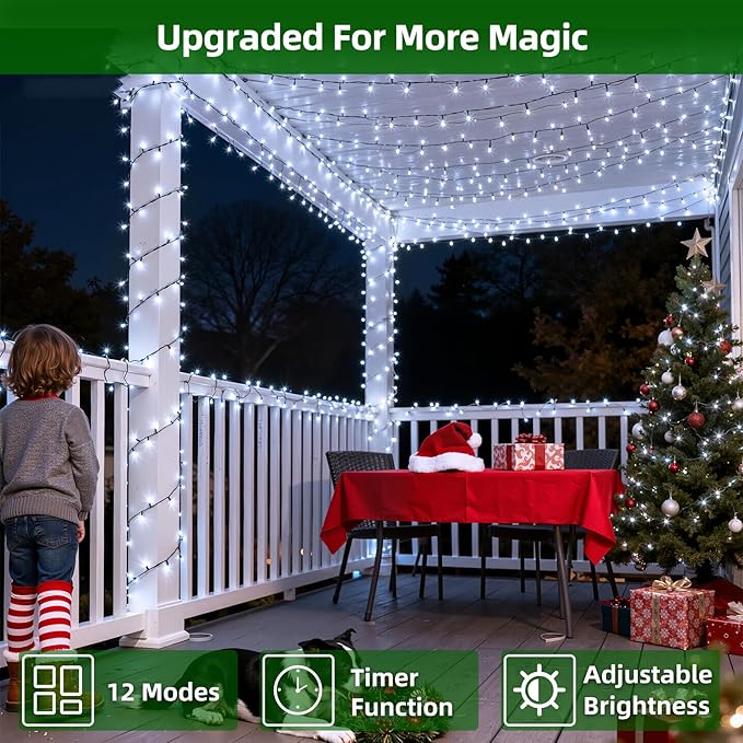 300LED Christmas Lights Outdoor Indoor Use, 12 Lighting Modes 75ft Christmas Tree Lights with Timer, Dimmable Cool White LED StringLights Waterproof for Yard Tree Wedding Party Holiday Cool White