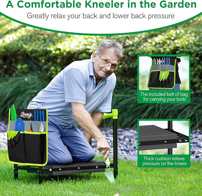 10.8¡± Wide Garden Kneeler and Seat, Heavy Duty Foldable Gardening Stool with Tool Belt Pouch, Portable Gardening Bench Chair for Seniors & Parents, Non-Slip & Easy Grip Design