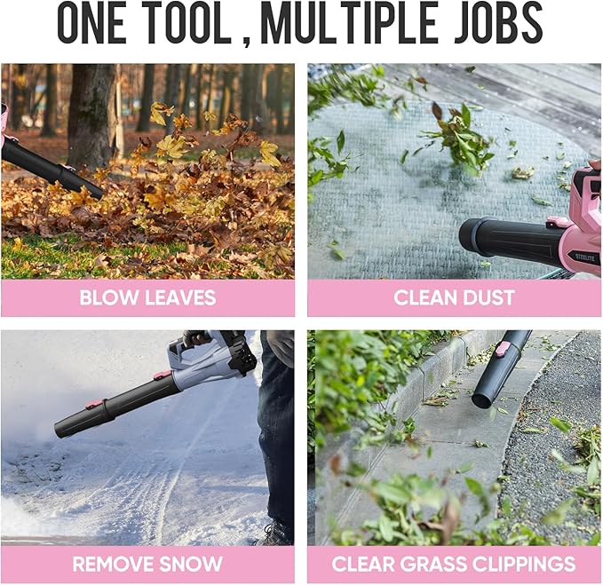 Steelite Leaf Blower Cordless with 2 Battery and Charger, 20V Electric Leaf Blowers, Lightweight Handheld Snow Blower for Lawn Care, Patio, Garden, Pink