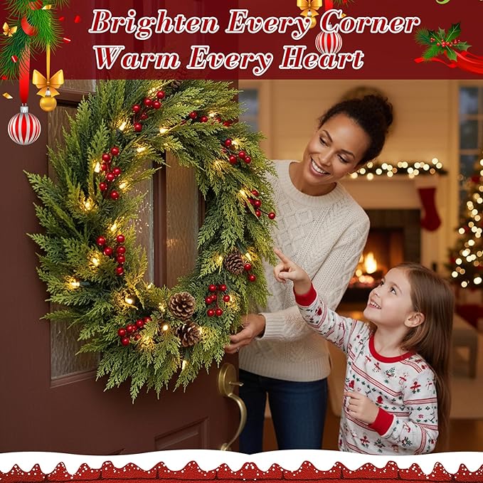6.5FT Christmas Garland, Premium Rattan Garland with 30 LED Lights & Upgraded Battery Box, 4 Real Pinecones, 4 Berry Clusters, Indoor/Outdoor Christmas Decorations for Table, Mantle, Fireplace, Door