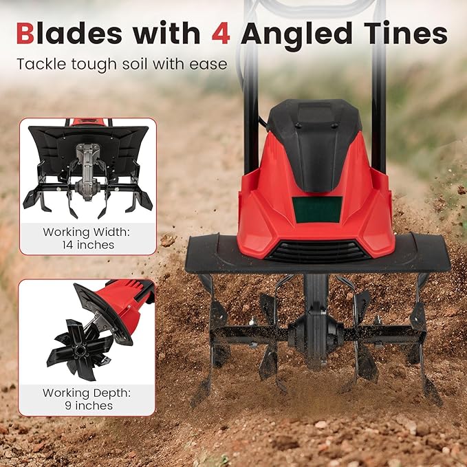 Goplus Corded Electric Tiller Cultivator, 10 Amp Powerful Foldable Garden Rototiller w/ 14 Inch Tilling Width & 9 Inch Working Depth, Safety Lock, Gardening Machine for Lawn Soil Digging