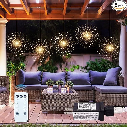 5 Pack 1000LED Plug in Starburst Sphere Lights,Firework Light 8 Modes Dimmable Remote Control Waterproof Hanging Copper Wire Fairy Light for Patio Party Tent Christmas (Warm White)