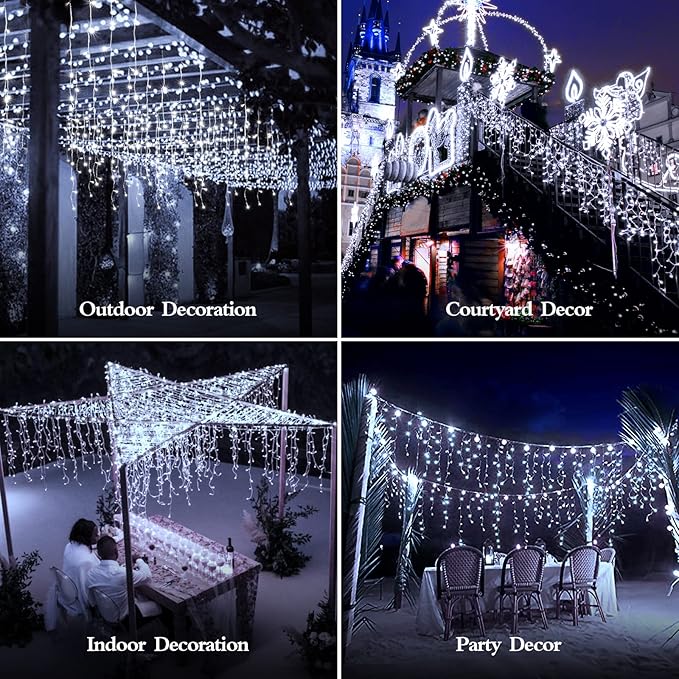 480 LED 49FT Christmas Lights Plug in 8 Modes with Timer Dimmable Ice Lights Outdoor Waterproof Indoor Ice String Lights for Roof Porch Garden Holiday Wedding Xmas Decor (Cool White)