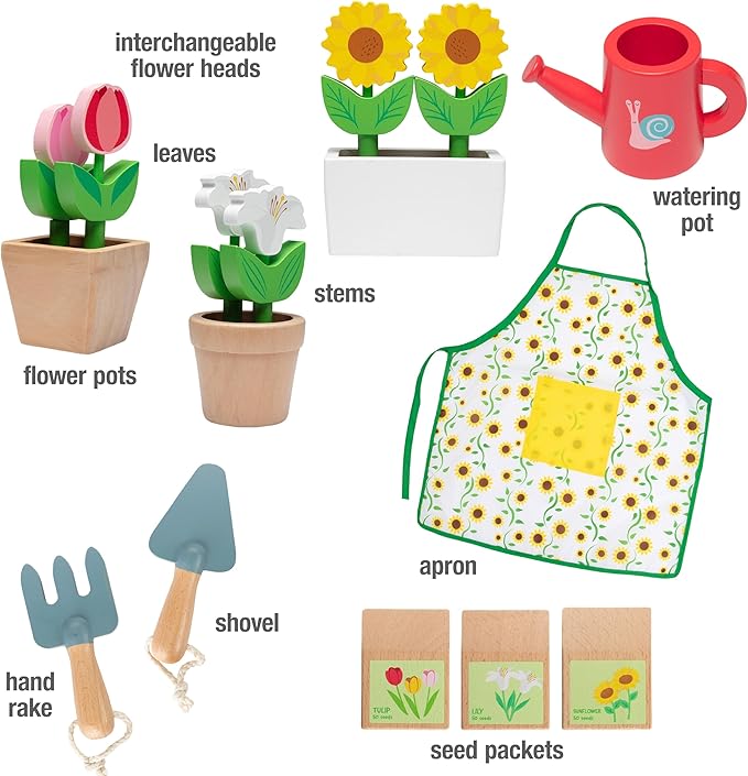 Bloom & Grow Gardening Center Wooden Toy Indoor Playset- 22 Pc Garden Stand Set w Flowers, Seed Packets, Pots, Shovel Rake Apron Watering Pot- Interactive & Fun Pretend Playtime, Xmas Gift for Kids