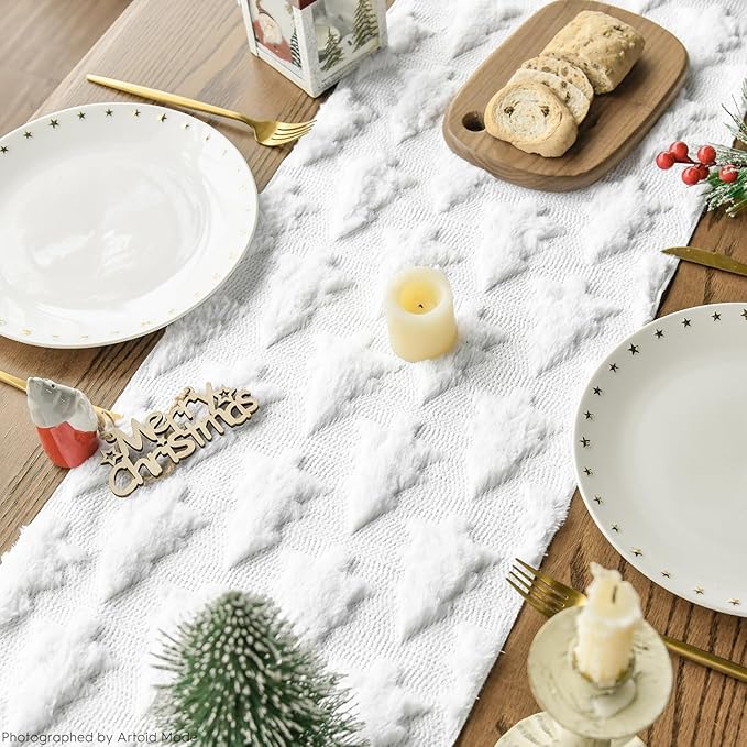 Artoid Mode Christmas Trees Soft Plush Faux Fur Jacquard Christmas Table Runner, Holiday Kitchen Dining Table Decoration for Home Party Decor 13x108 Inch