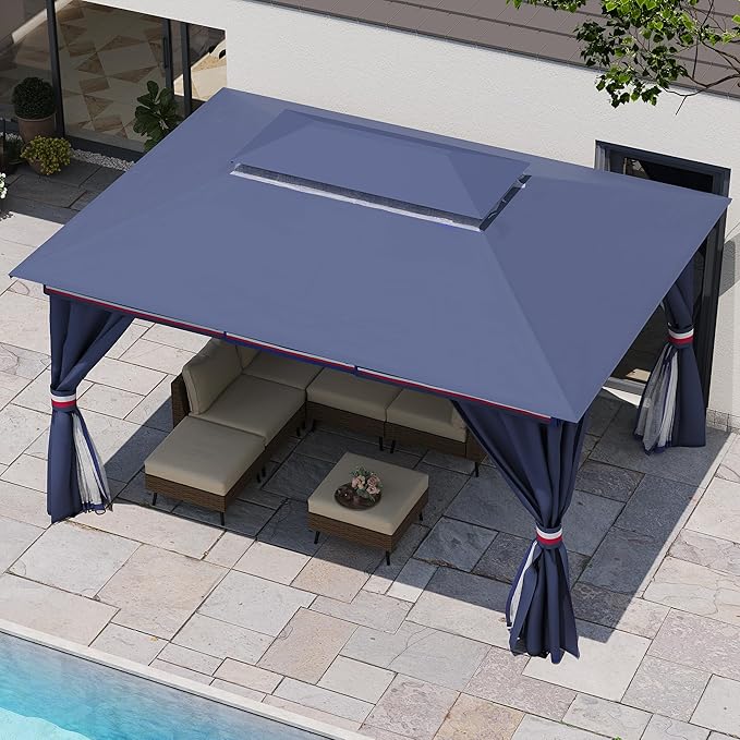 LAUSAINT HOME 10x13ft Outdoor Patio Gazebo with Double Roof, Heavy Duty Waterproof Gazebo Canopy Tent with Mosquito Netting for Backyard, Garden, Lawn & Wedding, Classic Blue