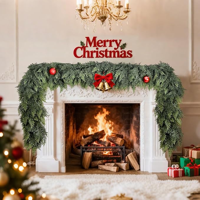 9 FT Christmas Cedar Garlands, Artificial Realistic Winter Cedar Pine Garland, Real Touch Greenery Garland for Fireplace,Table, Mantle, Wall, Indoor, Outdoor Home Party Decorations (1, 9FT)