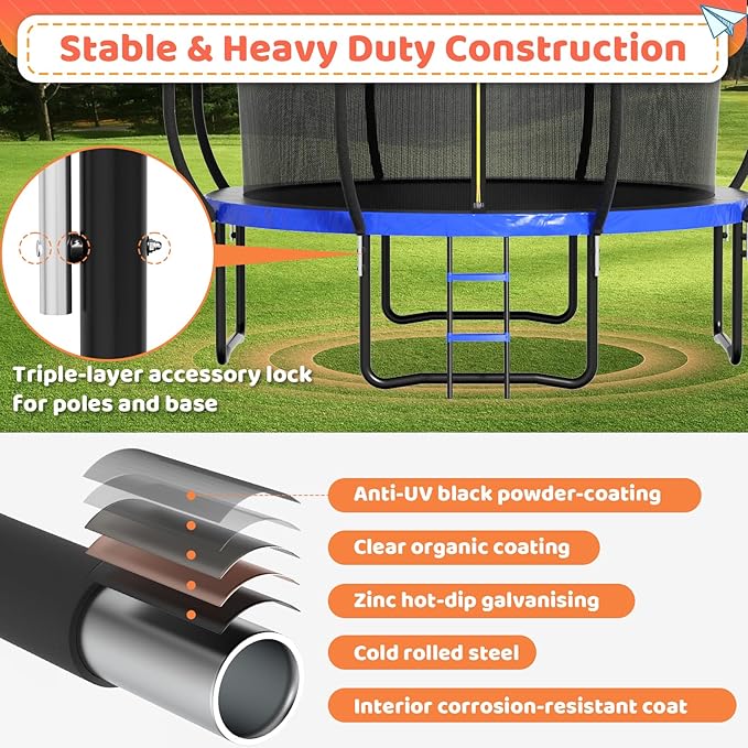 8FT 10FT 12FT 14FT 16FT Trampoline Outdoor, Trampolines for Kids & Adults, Pumpkin Trampolines with Safety Net, Ladder, Coating Metal Frame, ASTM Approved Large Backyard Trampoline for Kids