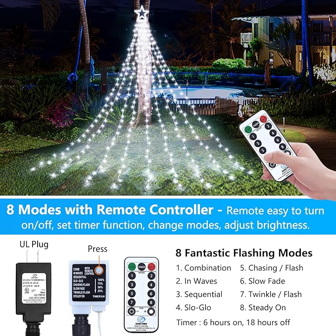 Decute Christmas Decorations Outdoor String Lights 8 Modes and Timer with Remote, Waterproof 320 LED Christmas Tree Lights Star Lights for Yard Garden Backyard Wedding Holiday Decor Cool White