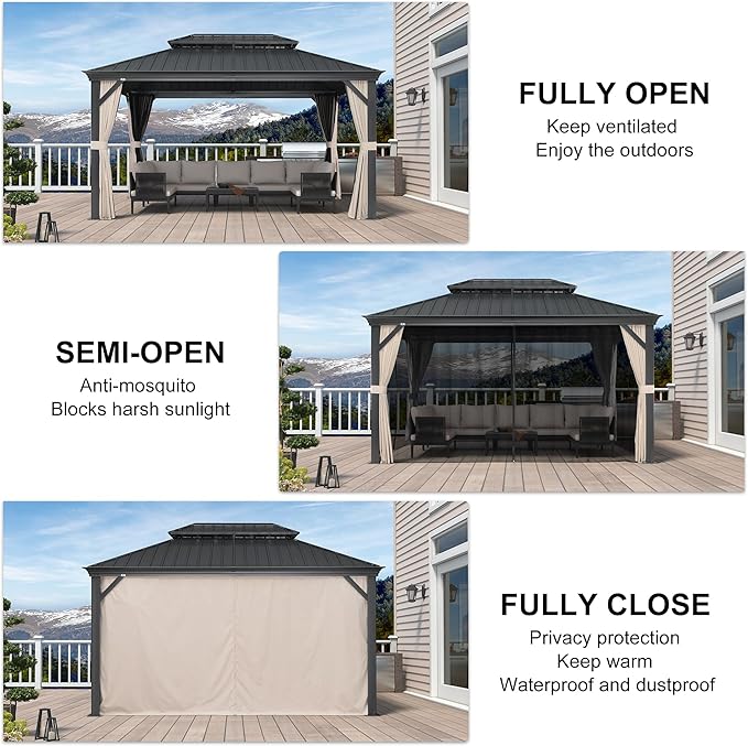 PURPLE LEAF 10' X 14' Aluminum Gazebo with Galvanized Steel Double Roof Permanent Hardtop Gazebo for Patio Lawn and Garden Included Netting and Beige Curtains