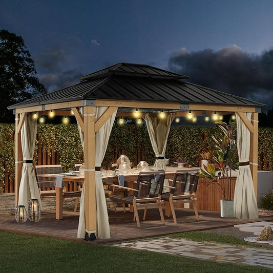 10x12 FT Wooden Hardtop Gazebo,Wood Heavy Duty Solid Cedar Gazebos with Mosquito Netting and Waterproof Curtains,Outdoor Metal Canopy for Deck Patio