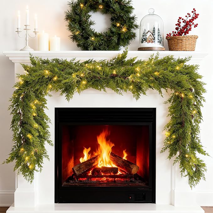Christmas Cedar Garland with Light Mantle Decor 6ft Realistic Lighted Faux Pine Garlands for Home Decoration Indoor Stairs Railing Fireplace Outdoor 2pcs