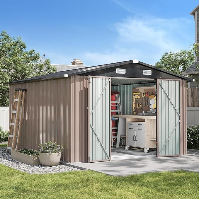 Aoxun 10 x 12FT Shed with Base Utility Garden Galvanized Steel Shed with Lockable Door & Sloped Roof Metal Sheds Outdoor Storage for Garden, Backyard, Patio and Backyard (Brown/Base Included)