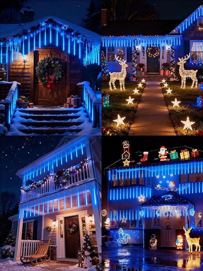 Flacchi Solar Meteor Shower Icicle Lights - 20 Tubes 480 LED Cascading Raindrop Lights, Outdoor Waterproof Christmas Decorations for Holiday Party (Blue, Solar 20 Tubes)