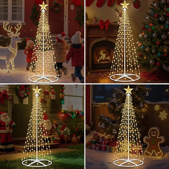 202LED Outdoor Solar Christmas Tree Lights, 5FT Lighted Artificial Cone Tree with Remote, 8 Modes, USB Charge, Timer & Waterproof Christmas Tree Decor for Garden Yard Patio, Warm White