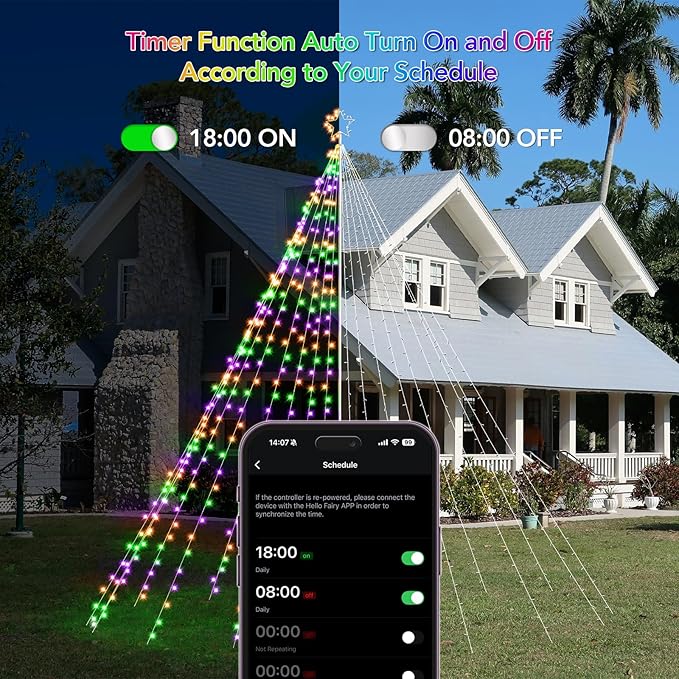13.5FT Smart Christmas Tree Lights LED, Remote & App Control IP67 Waterproof multiple Scene Modes Waterfall Lights with Pole, Sync Music Modes Christmas Decorations for Outdoor Xmas Party Wedding