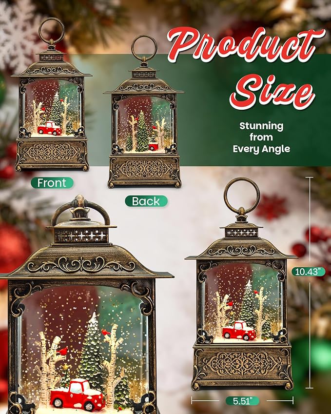 Christmas Tree Snow Globe Light up Lantern with 8 Songs, 10.43" Christmas Snow Globes for Kids Adults, 6H Timer & Dual Power, Snowglobes Christmas Decorations Indoor, Gifts for Women Men