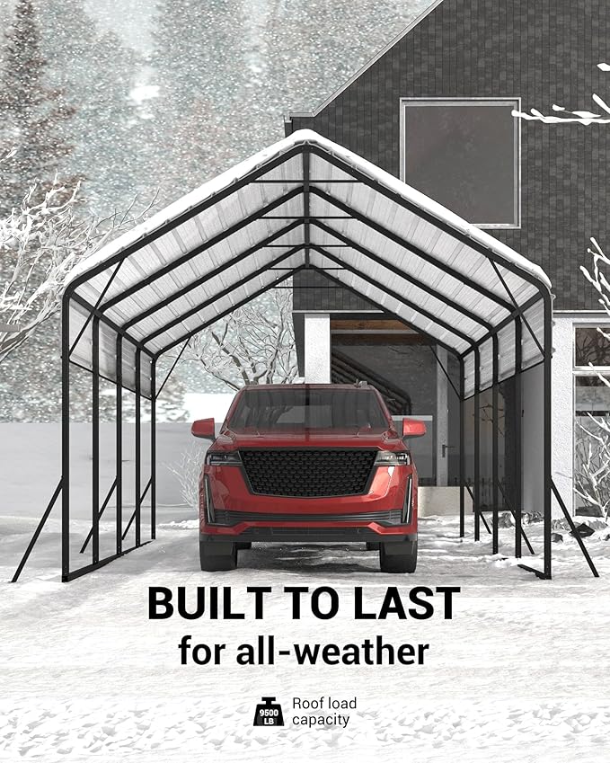 13x21 FT Metal Carport Heavy Duty Car Ports Reinforced Frame, Galvanized Steel Roof and Enhanced Base All-Weather Outdoor Oversized Shelter for Cars, Bass Boats, Full-Sized Pickup Trucks, Tractors