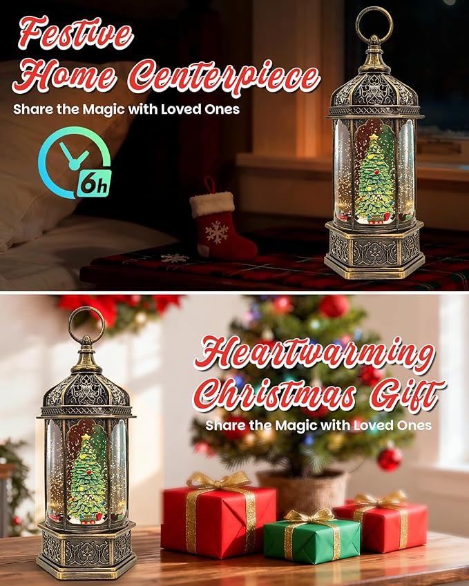 Christmas Snow Globes Light up Lantern with 8 Songs, 13" Christmas Tree & Rotating Train Snow Globe for Kids Adults, 6H Timer & Dual Power, Snowglobes Christmas Decorations Indoor Gifts for Women Men