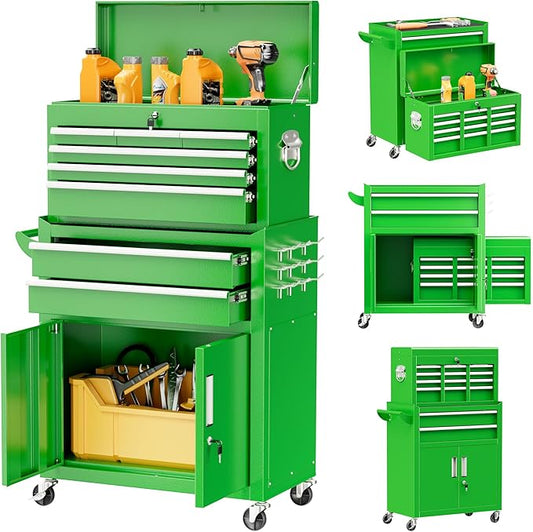 Superday Metal Tool Chest, 8 Drawer Rolling Tool Chest with Wheels, Detachable Tool Storage Cabinet with Lock for Garage, Steel Tool Cart with Liner & Hooks for Workshop, Warehouse (Green)