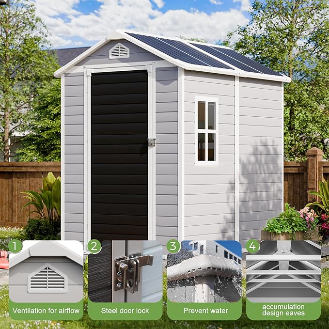 HUSFU 6x4 FT Outdoor Storage Shed with Floor and Lockable Door,Waterproof Resin Tool Shed for Garden, Backyard, Patio,Perfect to Store Patio Furniture,Light Grey