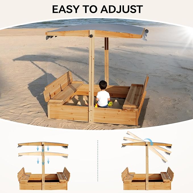 Wooden Sandbox with Lid & Canopy Cover, 48x48 Large Outdoor Sand Box for Kids Ages 4-8, with Foldable Bench Seats, UV-Resistant & Adjustable Height Roof & Bottom Liner
