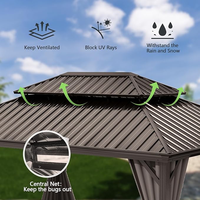 Domi 10x12FT Outdoor Gazebo, Hardtop Gazebo with Galvanized Steel Double Roof, Metal Gazebos with Drainage System Patio Pergola for Patio Deck Backyard,Curtain and Netting,Brown