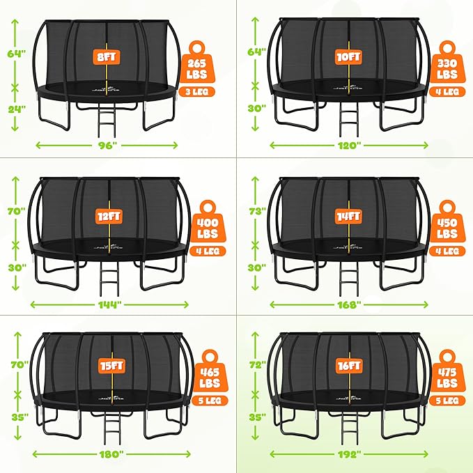 Trampoline 8FT 10FT 12FT 14FT 15FT 16FT, Recreational Trampolines with Enclosure Net and Ladder, Outdoor Anti-Rust Trampolines for Kids and Adults, ASTM Approved