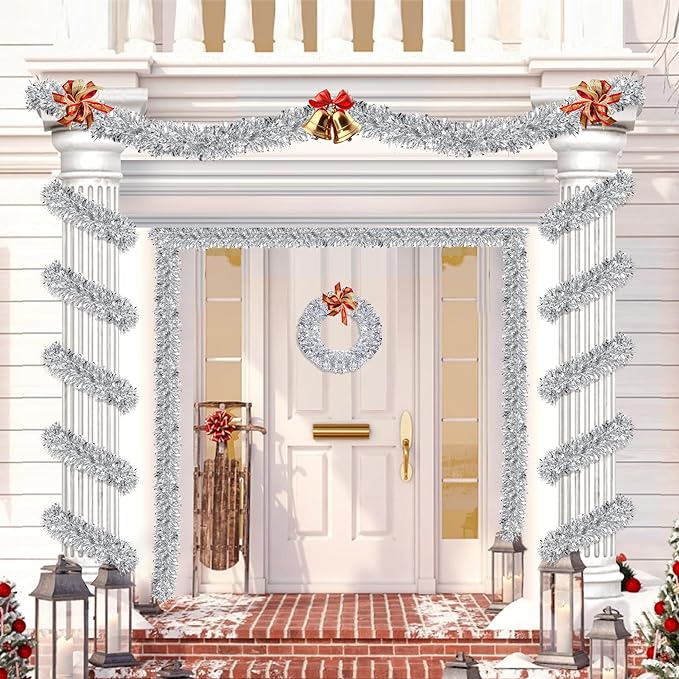 50FT Silver Christmas Tinsel Garland Metallic Twist Shiny Garland for Christmas Tree Decorations, Xmas Holiday Hanging Decor for Home Mantle Stair Indoor Outdoor Holiday Party Supplies Decor