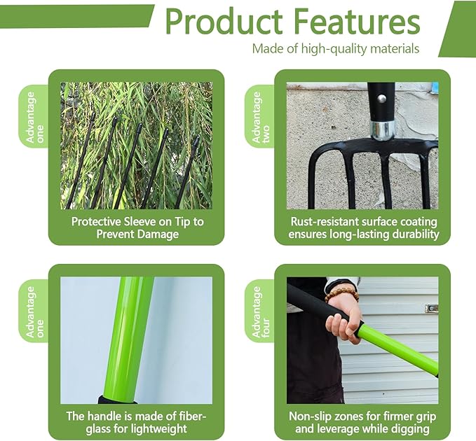 Pitch Fork-57 Inch£¬5-Tine Steel Garden Fork Heavy Duty, Mulch with Cushion Grip, Green Fiberglass Handle