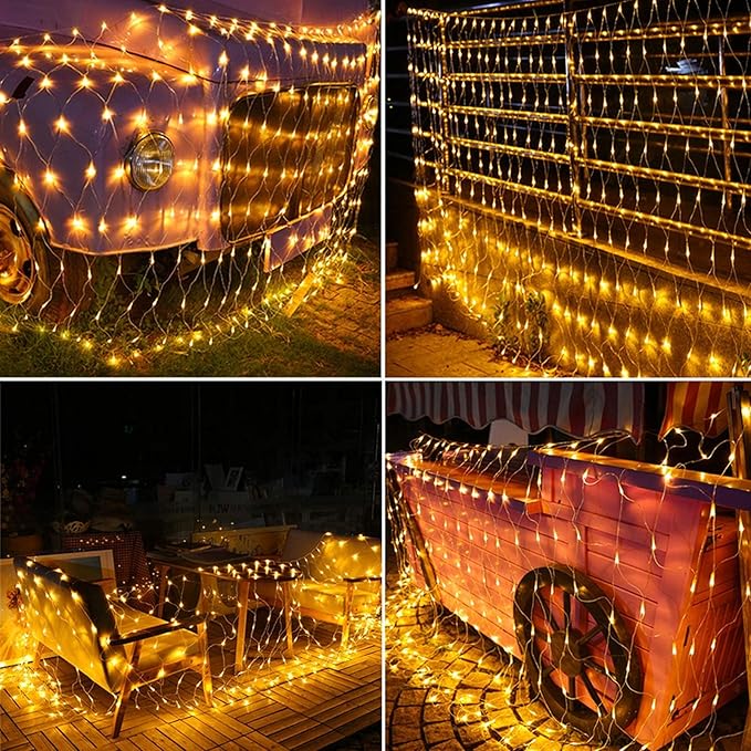Joomer Christmas Net Lights - 12FT x 5FT 360 LED Plug-in Mesh Lights, Waterproof with 8 Modes, Timer, Connectable for Bushes, Trees, Garden, Outdoor Christmas Decor (Clear Wire, Warm White)