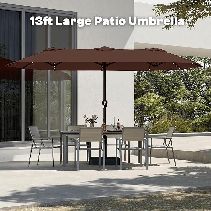 13FT Double-Sided Patio Umbrella with 48 Solar LED Lights, Large Rectangular Outdoor Market Umbrella with Crank Handle, Vented Canopy, Heavy-Duty 12 Rib Steel Frame, for Backyard, Garden, Pool, Brown