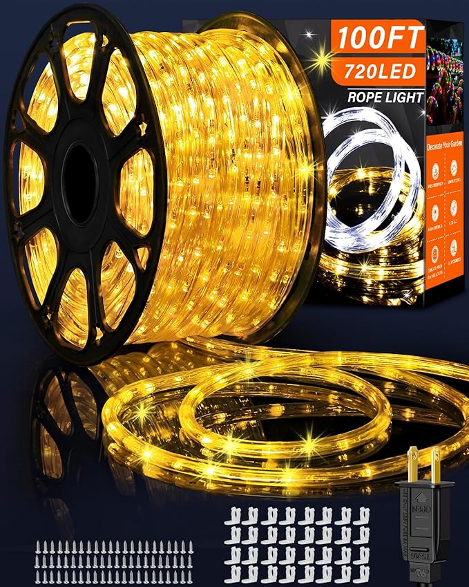 Coroor Rope Lights Outdoor Waterproof Christmas 100ft 720 LED, Flexible Connectable Tube Lights, String Lights Decorative Lighting for Garden Patio Pool Tree Bedroom Xmas Decor (Warm White)