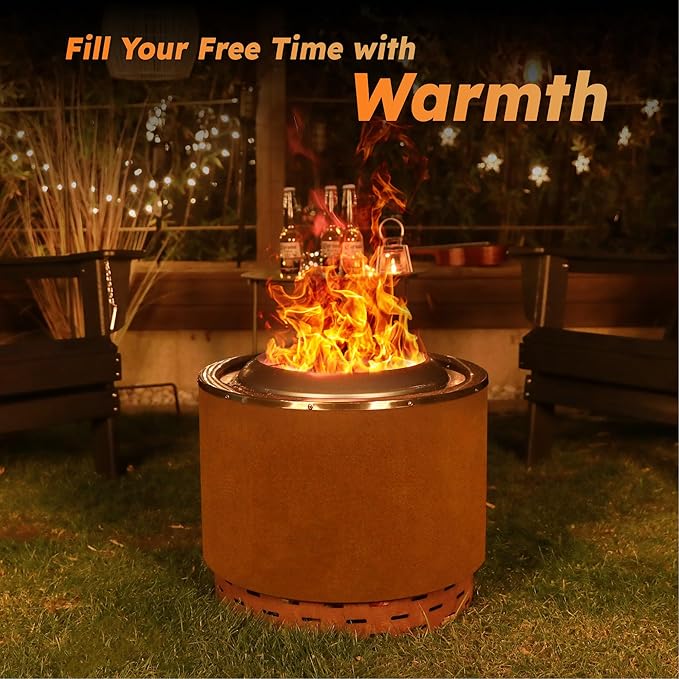 KOL 20 Smokeless Dual Flame Fire Pit for Outdoor - Thick Corten Steel & Stainless Steel Wood Burning Firepits with Stand, Portable Bonfire Pit with Removable Ash Pan for Patio, Backyard, Campsite