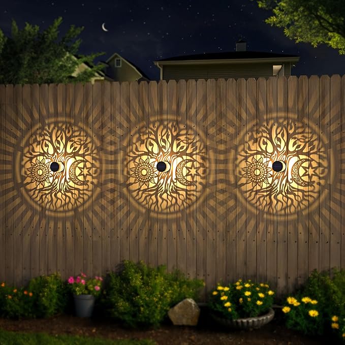 2 Pack Large Solar Fence Lights Metal Solar Powered Outdoor Wall Deck Step Lights Tree Theme Waterproof Fence Light for Garden Post Patio Backyard Yard Decor, Gardening Gifts for Women Mom Grandma