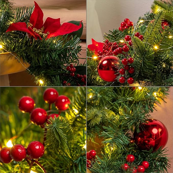 YULETIME 6 ft Lighted Christmas Garland, Battery Operated with 20 Fairy Lights Artificial Garland, Red Baubles, Berries, Poinsettia, Spruce Branches, Pine Needles