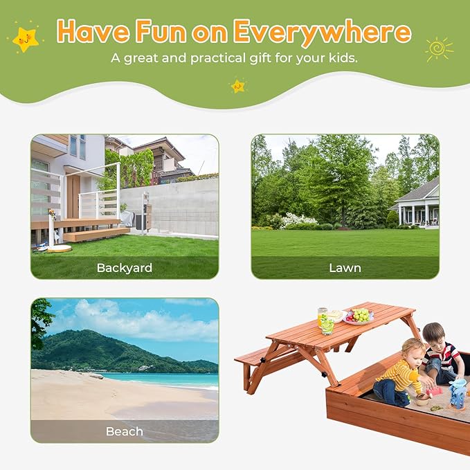 Kids Outdoor Wooden Sandbox Large Kids Sand Box with Lid Sand Box with Cover Gift for Ages 2-8 Foldable Picnic Table and Seat Bottom Liner Included