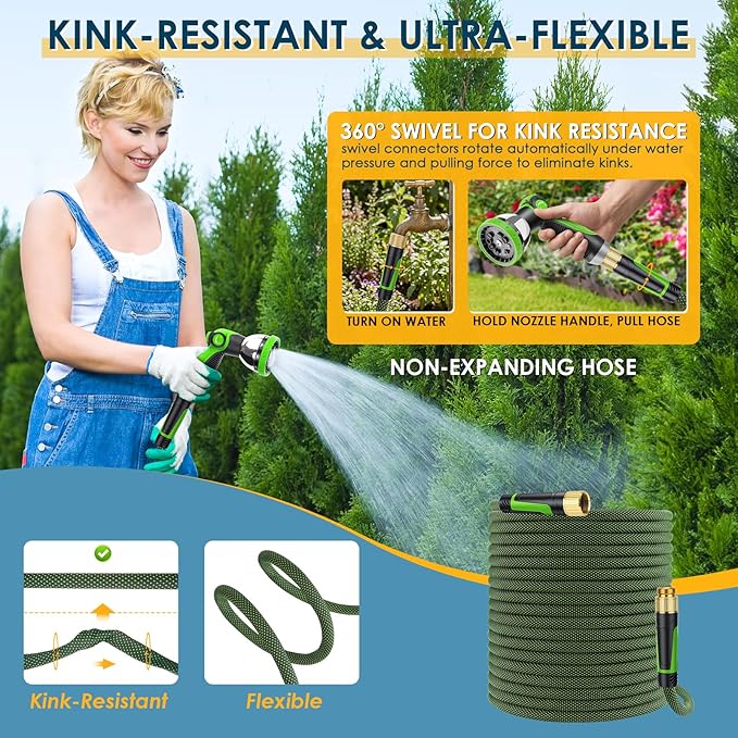 Non-Expandable Garden Hose 25 FT, Lightweight Hose with 10 Function Spray Nozzle, Kink-Free Flexible Water Hose, Durable, Leak-Proof, 360¡Æ Swivel Connectors, Portable Storage Strap