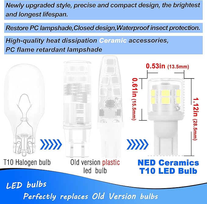 T5 T10 Wedge Base LED Landscape Lights, Daylight White 6000K Low Voltage AC/DC 12-24V, 2 Watts Equivalent 11W 18W Incandecent Bulbs for Camper RV Marine Boat Path Lawn Malibu Lighting, 6 Pack