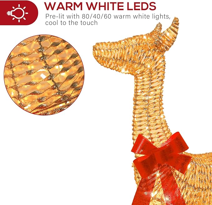 Hykolity 3.5 FT 3D Lighted Outdoor Christmas Reindeers, 2-Piece Light Up Christmas Deers with 130 Warm White LED Lights, Outdoor Reindeer Yard Decoration with Stakes, Zip Ties, Gold