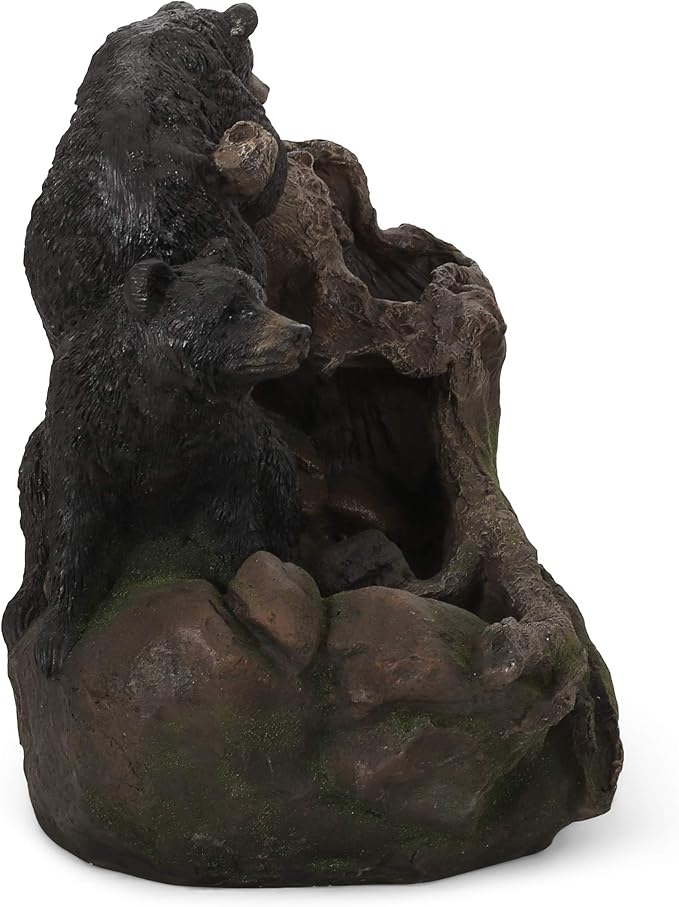 Merax 22" High Bear Log Fountain, Outdoor Weather-Resistant Fountain with LED Lights, 2-Tier Waterfall for Garden or Patio, Light Brown+Black