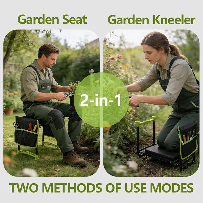 Garden Kneeler and Seat, Heavy Duty Garden Stool with 11 Wide Detachable Kneeling Pad, Foldable Garden Bench Chair with 2 Gardening Tool Pouches, Gardening Gifts for Women, Seniors