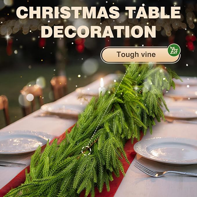2Pc 6Ft Christmas Artificial Norfolk Pine Garlands, Green Winter Norfolk Pine Stems for Fireplace, Staircase, Dining Table, Door,Holiday Party Christmas Decorations(2, 6FT)