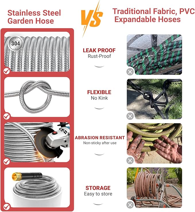 Lefree 50ft Metal Garden Hose - Heavy Duty 304 Stainless Steel Flexible Water Hose, No Kinks & Leak-Proof with Upgraded Handle, 10-Function Spray Nozzle & 4 Spare Gaskets for Yard, RV, Pet Bath