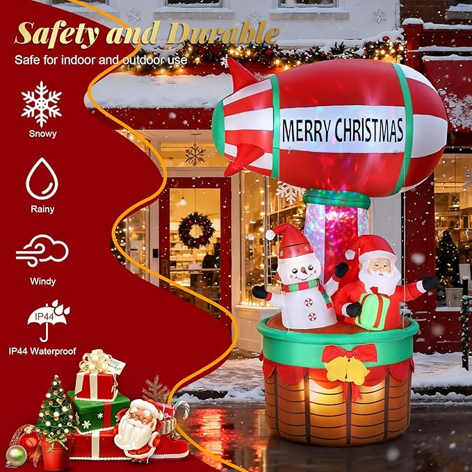 10FT Christmas Inflatables Santa Claus Outdoor Decorations, Christmas Blow Ups Airship Snowman, Inflatable Yard Decor with Built-in LED Lights for Xmas Garden Lawn Party