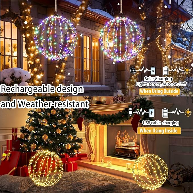 Outdoor Hanging Lighted Sphere Solar, Christmas Decoration Light Balls, 2 in 1 Warm White and Multicolor Chandelier, 208 LED 16" Large Iron Frame Foldable Globe for Patio Tree Gazebo Decor (2PK Solar)