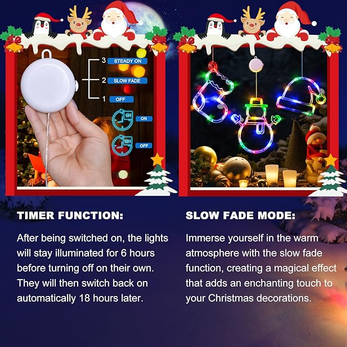 LOLStar Christmas Window Lights, 3 Pack Multicolor Christmas Stocking, Snowman, Santa Hat Lights with Suction Cup, Timer Function and Slow Fade Mode Battery Operated