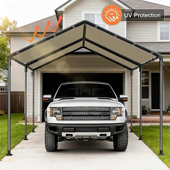 10x20 Heavy Duty Carport, Outdoor Carport Shelter with Reinforced Frame and Stakes, Waterproof Garage Car Port Tent (Beige)