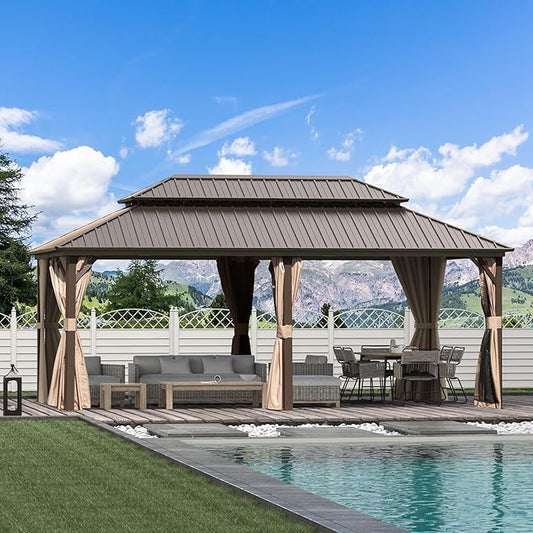 Domi 12'x20' Hardtop Gazebo Canopy - Outdoor MetalF with Galvanized Steel Double Roof, Curtain and Netting - Permanent Pavilion for Patio, Deck, Backyard